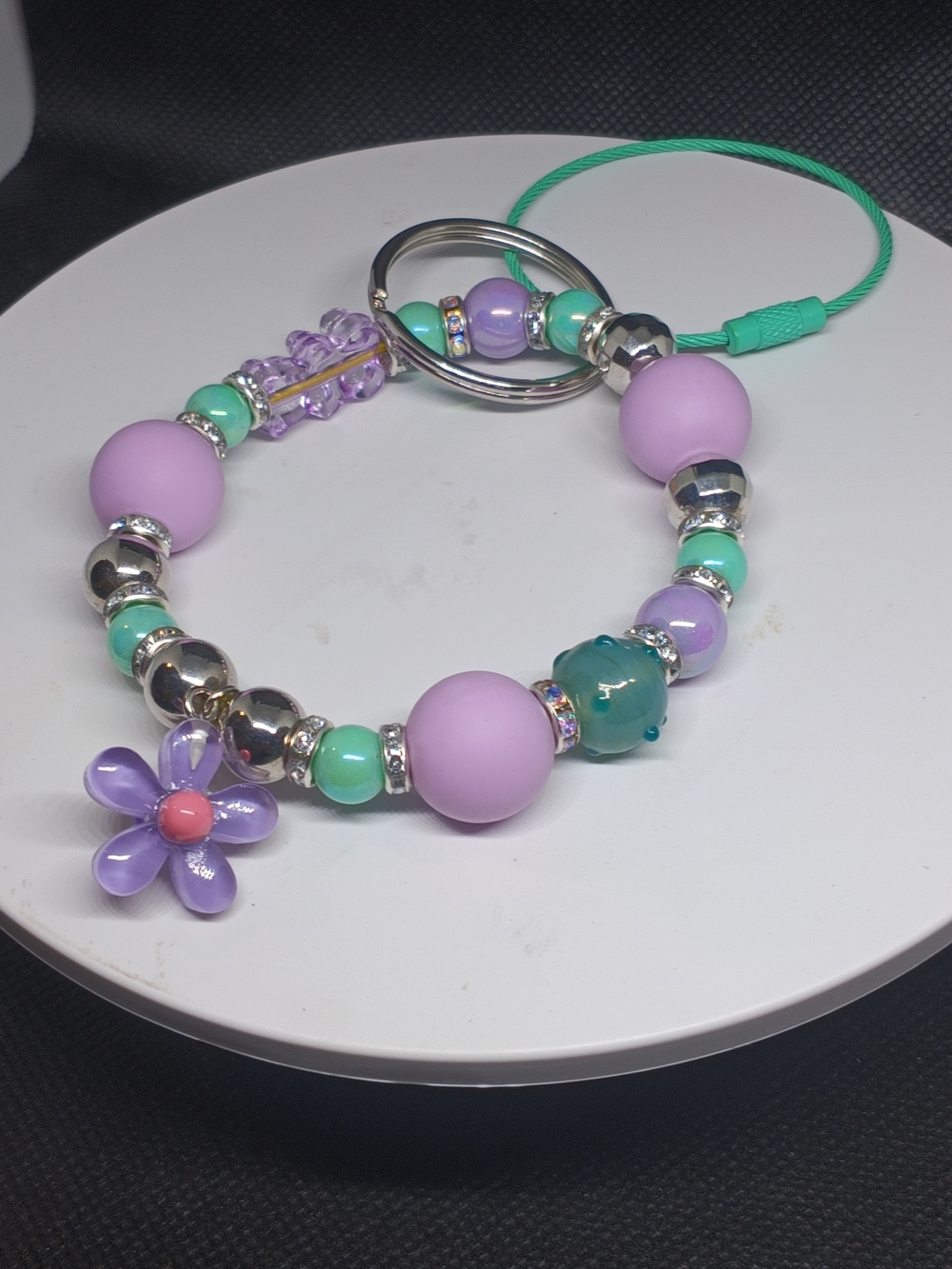 Purple & Mint Beaded Flower Keyring Card Holder Bracelet